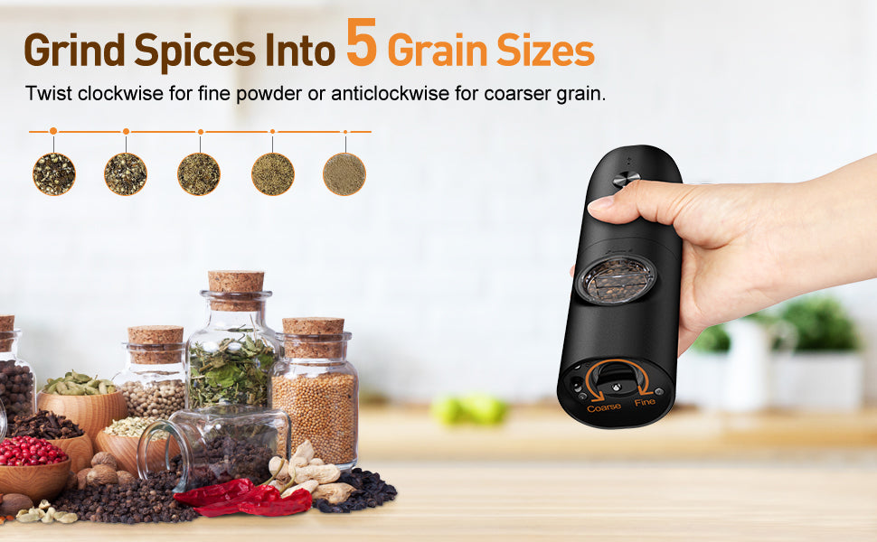 FRTONYI Electric Salt and Pepper Grinder Set in use, highlighting one-hand operation and versatile application for various spices